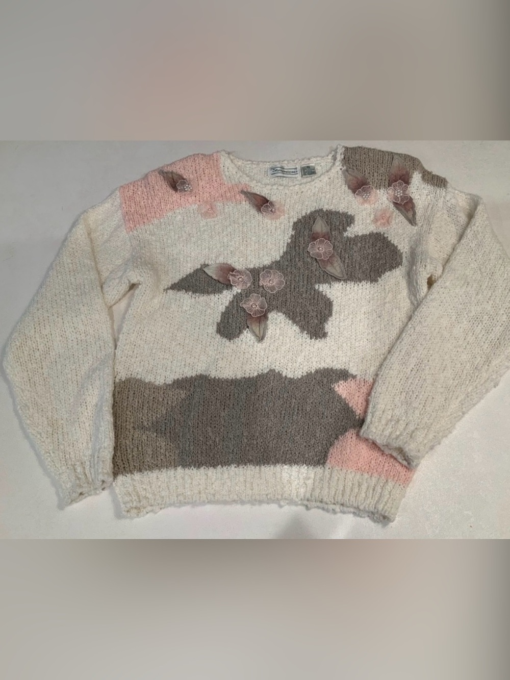Vintage Shenanigans Cream Sweater M Embellished Lace Floral Appliqués